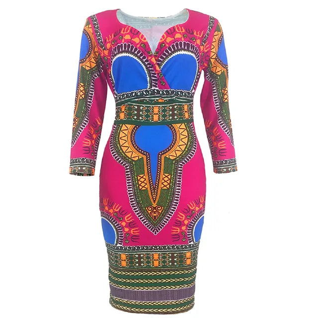 Dashiki Print Long Sleeve Bodycon African Dress