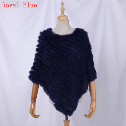 Genuine Rabbit Fur Knitted Natural Fur Poncho Fashion Wrap Coat Shawl Lady Scarf for Women