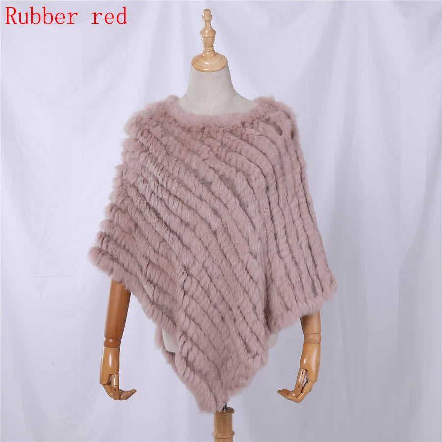 Genuine Rabbit Fur Knitted Natural Fur Poncho Fashion Wrap Coat Shawl Lady Scarf for Women