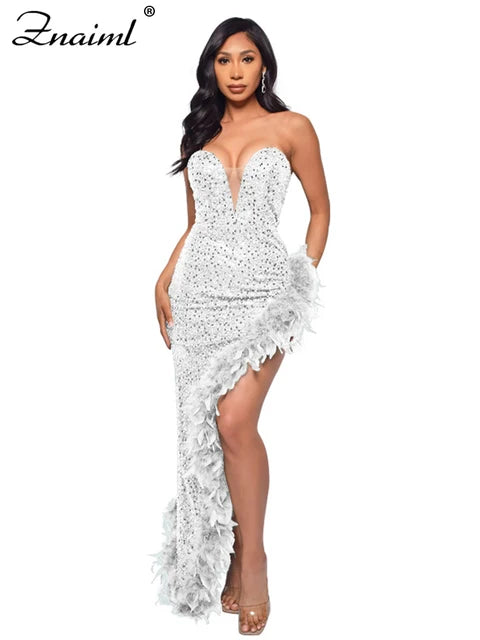 Elegant Feathers High Split Birthday Party Glitter Sequins Maxi Dress Women Night Club Wedding Evening Prom Dresses