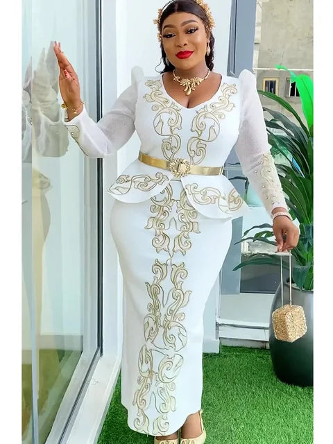 Embroidery Peplum Puff Long Sleeve African Long Dress