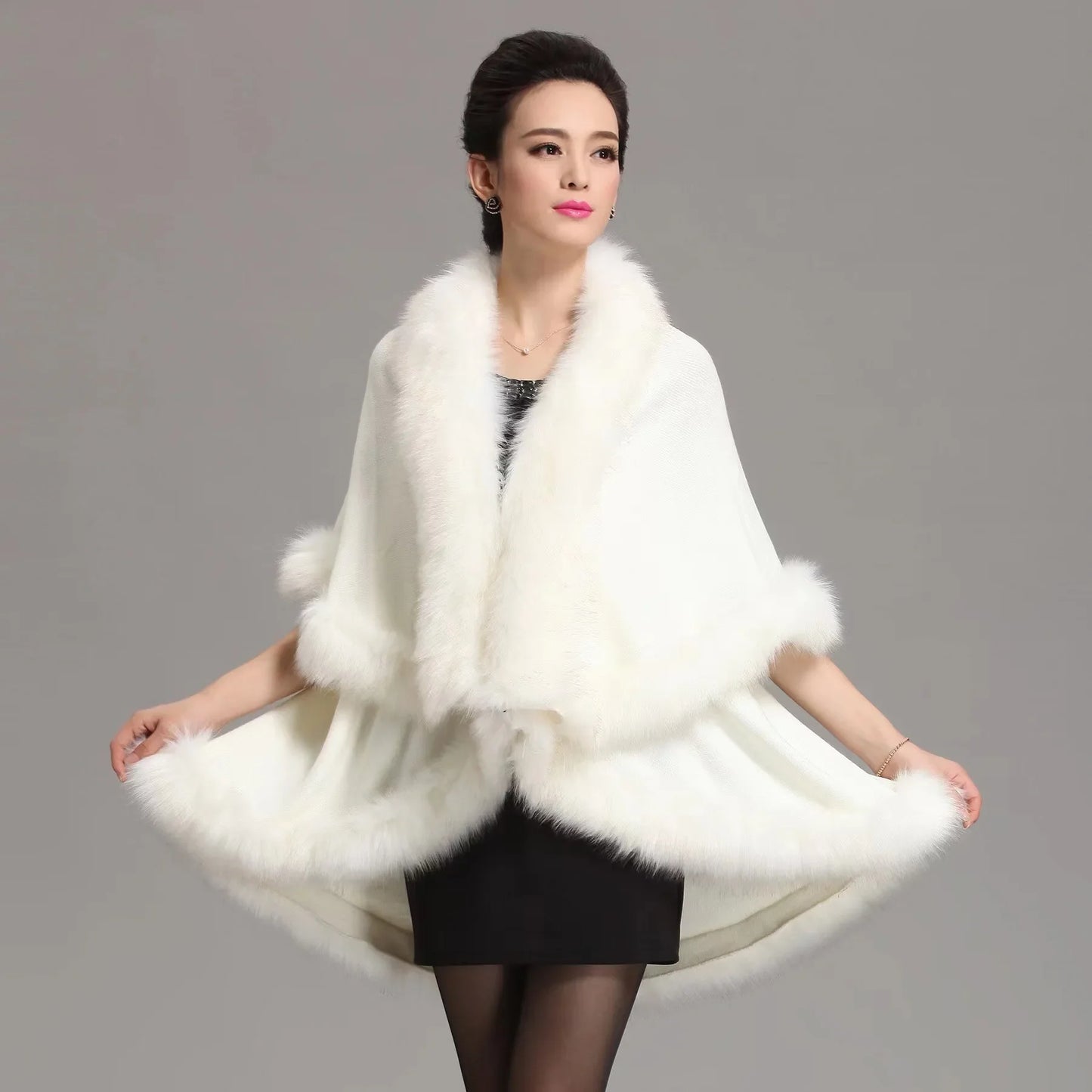 Faux Fox Fur Collar Oversize Coat Winter Warm Long Knitted Cape Cashmere Loose Shawl for Women