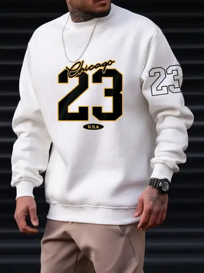 23 USA Art Letter Design Street Style Fleece Sweatshirt Casual Crewneck Pullover Hoodie for Men