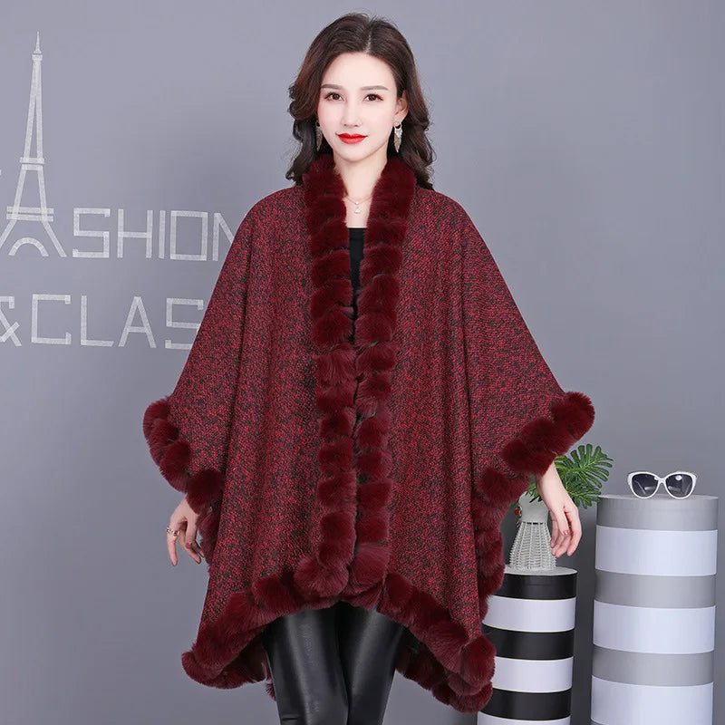 Luxury Faux Fur Coat Rabbit Fur Poncho Shawl Wraps Loose Fluffy Fur Long Cloak Cape for Women