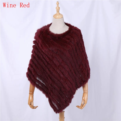 Genuine Rabbit Fur Knitted Natural Fur Poncho Fashion Wrap Coat Shawl Lady Scarf for Women