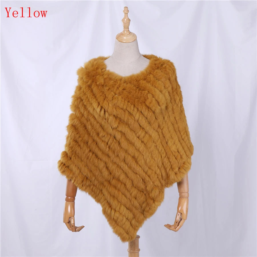 Genuine Rabbit Fur Knitted Natural Fur Poncho Fashion Wrap Coat Shawl Lady Scarf for Women