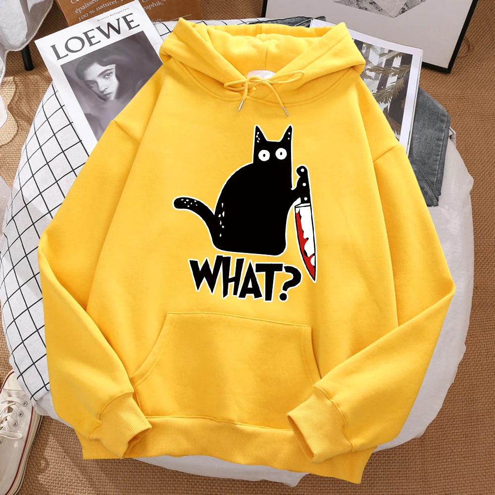 What Cute Little Black Cat Holding A Knife Men Sweatshirt Hip Hop Pullover HoodieUnisex for Men and Women