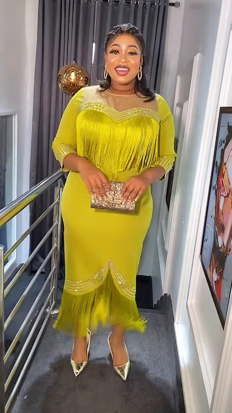 Elegant Bodycon Dress for Women Crystal Mesh Patchwork Crew Neck Sweetheart Tassel Midi Dress Chic Night Out Party Dress