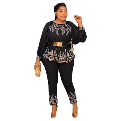 Beaed Long Sleeve Peplum Top and Pants African Clothes