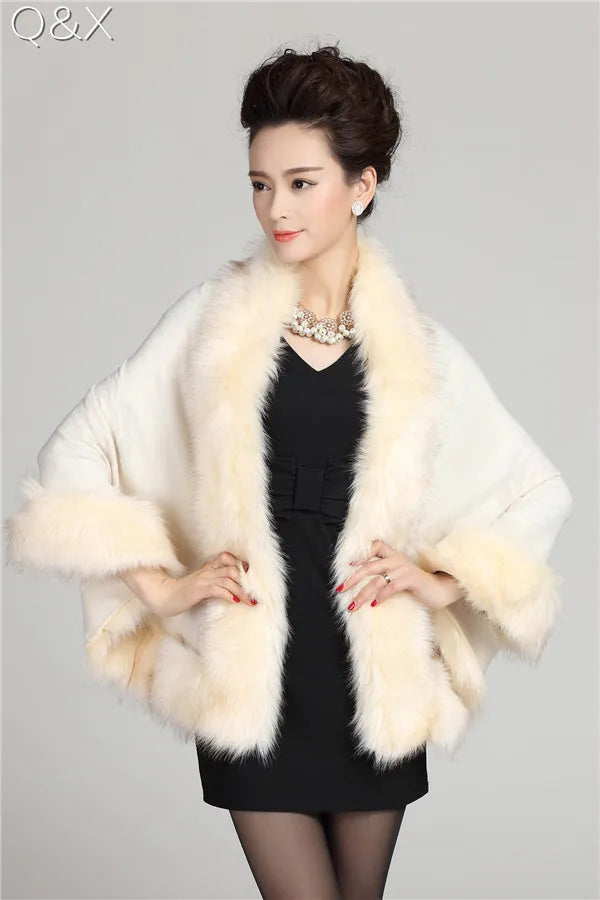 Long Bawting Sleeves Wedding Party Shawl Embossing Floral Poncho Cape Faux Fox Fur Neck Cloak Knitted Coat for Women