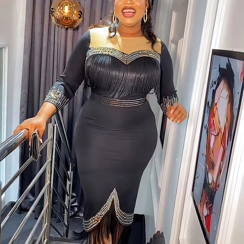 Elegant Bodycon Dress for Women Crystal Mesh Patchwork Crew Neck Sweetheart Tassel Midi Dress Chic Night Out Party Dress