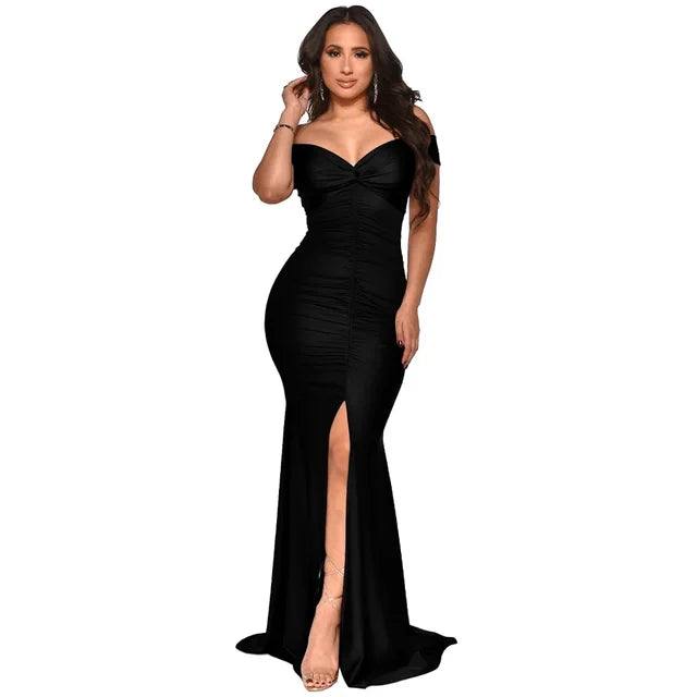 Elegant Maxi Evening Dress, Satin Banquet V Neck Sexy Spring Summer Split, Female Luxury Trailing Long Party Dress