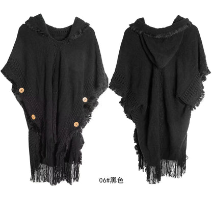 Button Shawl Bohemian Tassel Sweater Knit Sweater Pullover Hooded Cape Spring and Autumn for Women