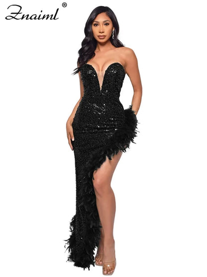 Elegant Feathers High Split Birthday Party Glitter Sequins Maxi Dress Women Night Club Wedding Evening Prom Dresses