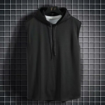 Mens Sleeveless Hooded Tank Tops Summer Gym Bodybuilding Fitness Sport Workout Singlet Solid Color Sports Vest