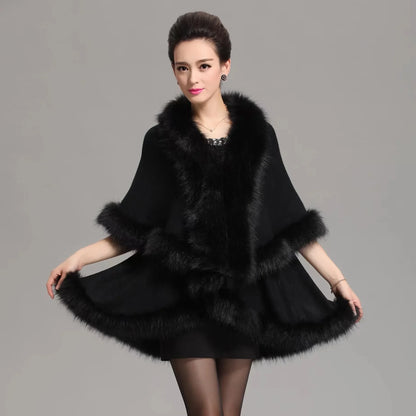 Faux Fox Fur Collar Oversize Coat Winter Warm Long Knitted Cape Cashmere Loose Shawl for Women