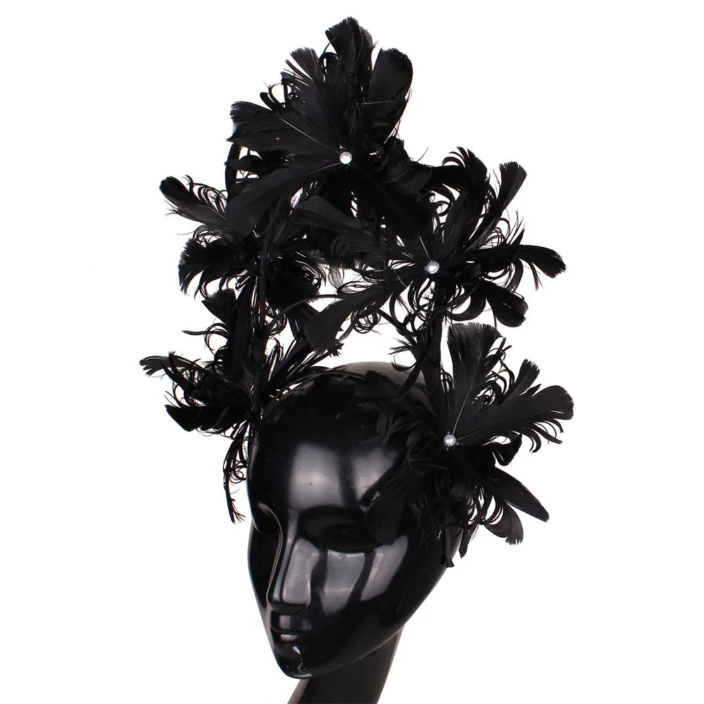 Vintage Feather Flower Top Hat – Green Hair Hoop with Pearls