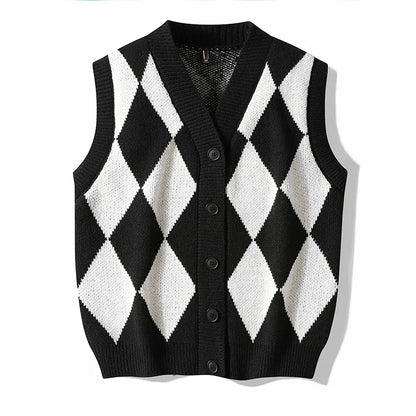 Men's Plaid Sweater Vest Sleeveless V-Neck Button Cardigan Vest Fashion Office Knitted Vest Classic Fit Tank Tops