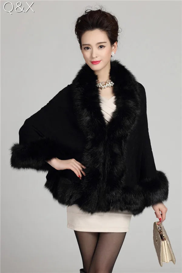 Long Bawting Sleeves Wedding Party Shawl Embossing Floral Poncho Cape Faux Fox Fur Neck Cloak Knitted Coat for Women