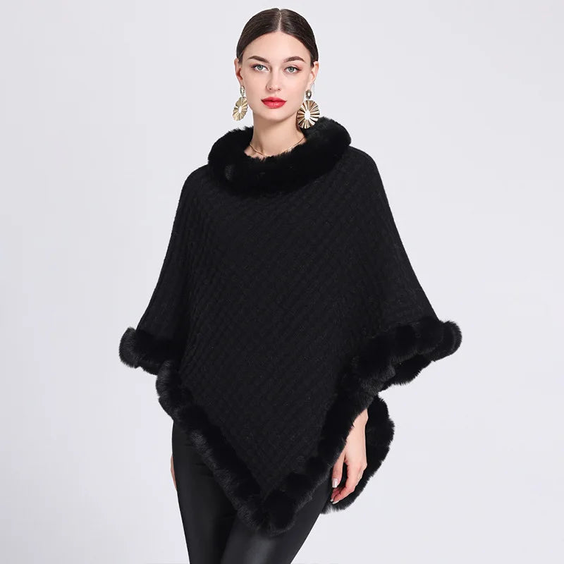 Plaid Stripes Faux Fur Pullover Cape Coat Autumn Winter Knit Poncho Cloak Wrap Shawl for Women