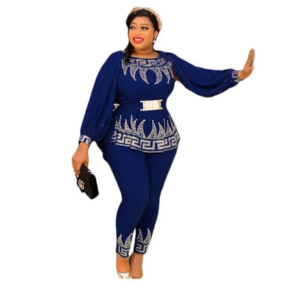 Beaed Long Sleeve Peplum Top and Pants African Clothes