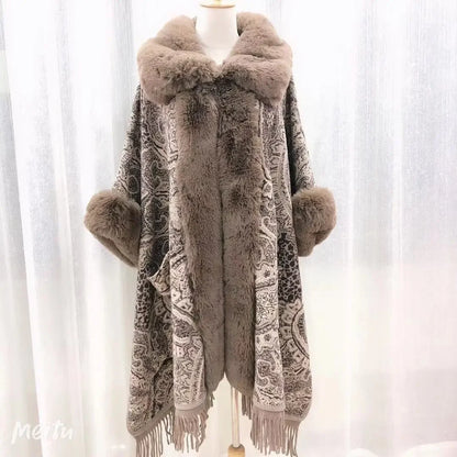 Thick Faux Fur Mantle Big Collar Loose Printed Poncho Pendulum Capes Streetwear Tassel Long Cloak Pocket Overcoat for Women