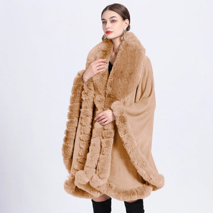 Rabbit Faux Fur Shawl Lady Cashmere Feel Wrap Autumn Winter Solid Color Cloak Classic Luxury Warm Overcoat for Women