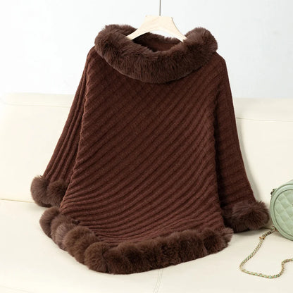 Plaid Stripes Faux Fur Pullover Cape Coat Autumn Winter Knit Poncho Cloak Wrap Shawl for Women