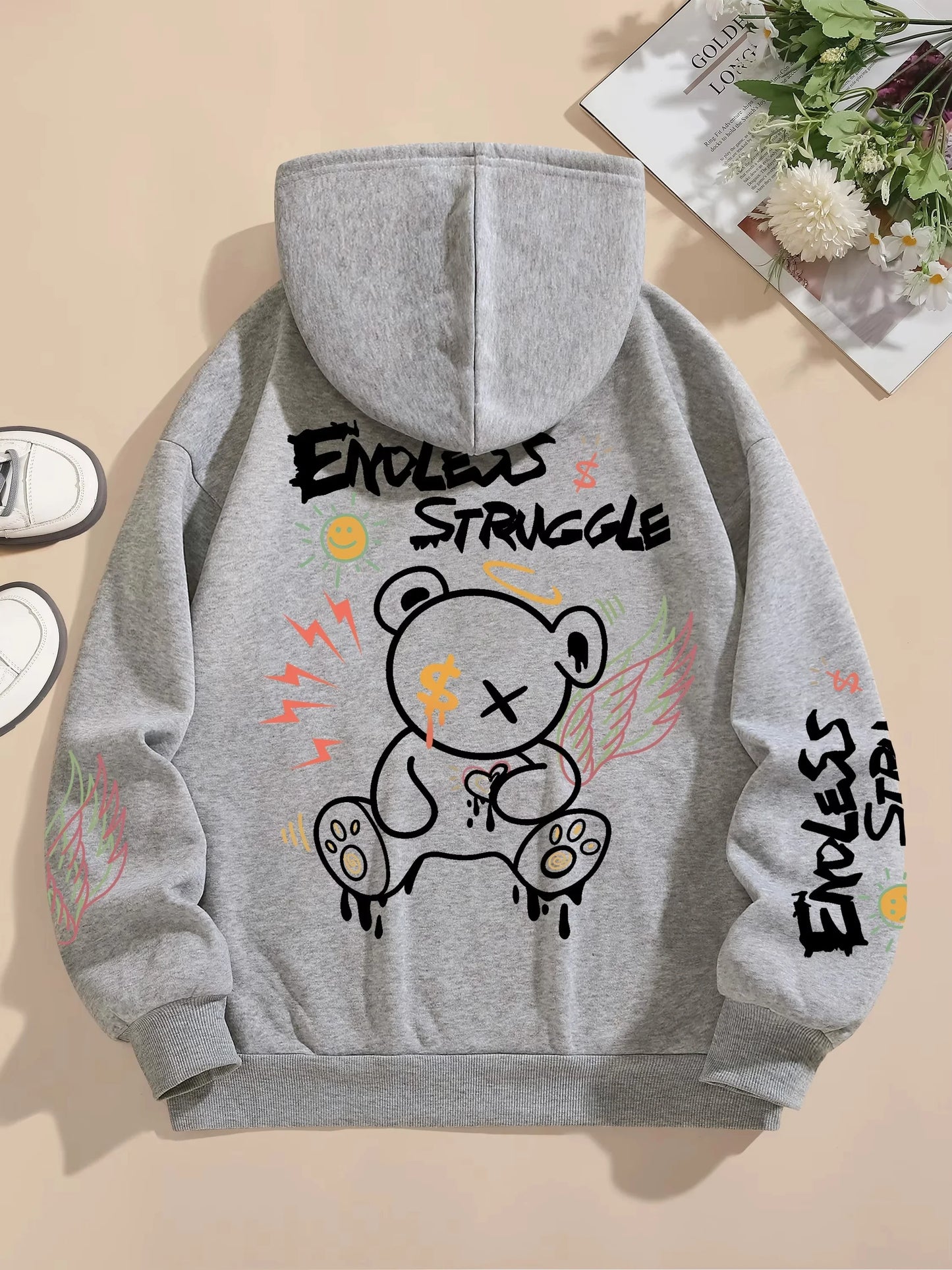 Endless Struggle Graffiti Bear Printed Pullover Sweatshirt Casual Hoodie for Women