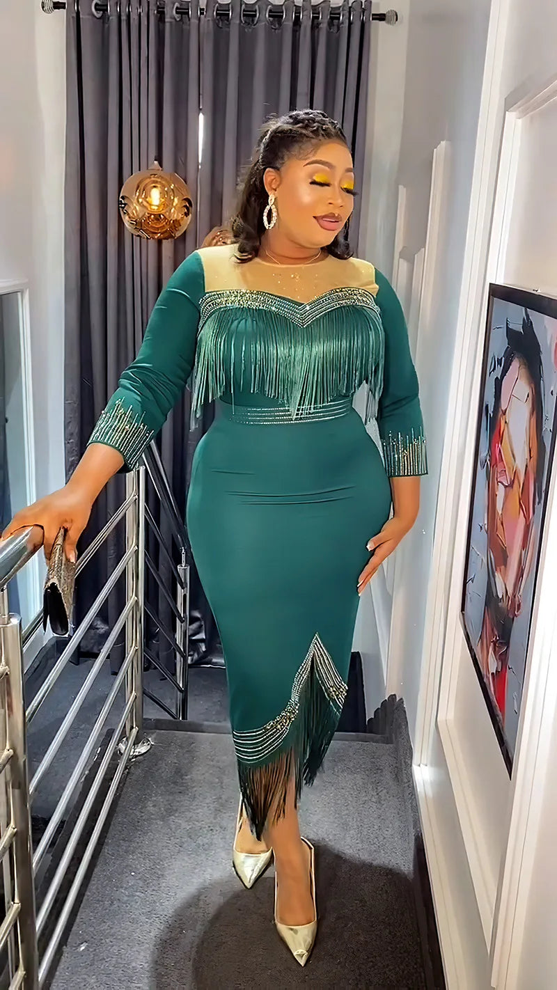 Elegant Bodycon Dress for Women Crystal Mesh Patchwork Crew Neck Sweetheart Tassel Midi Dress Chic Night Out Party Dress