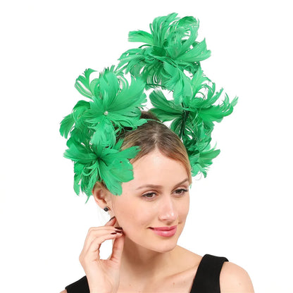 Vintage Feather Flower Top Hat – Green Hair Hoop with Pearls