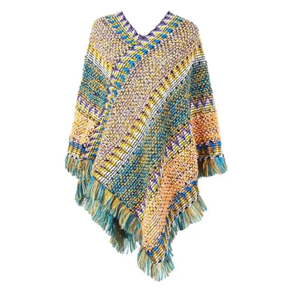 Coat Overlays Winter Warm Mongolian Poncho Ethnic Style Striped Knitting Wraps Polyester Pullover Tassel Shawl for Women