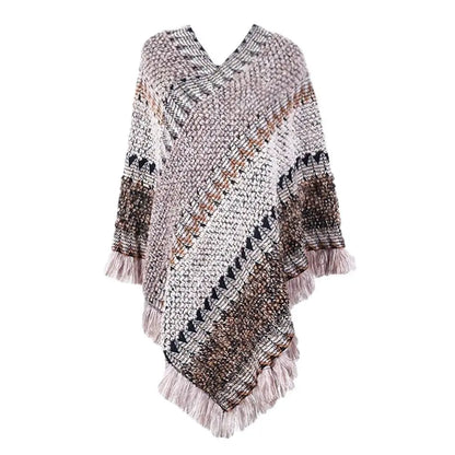 Coat Overlays Winter Warm Mongolian Poncho Ethnic Style Striped Knitting Wraps Polyester Pullover Tassel Shawl for Women