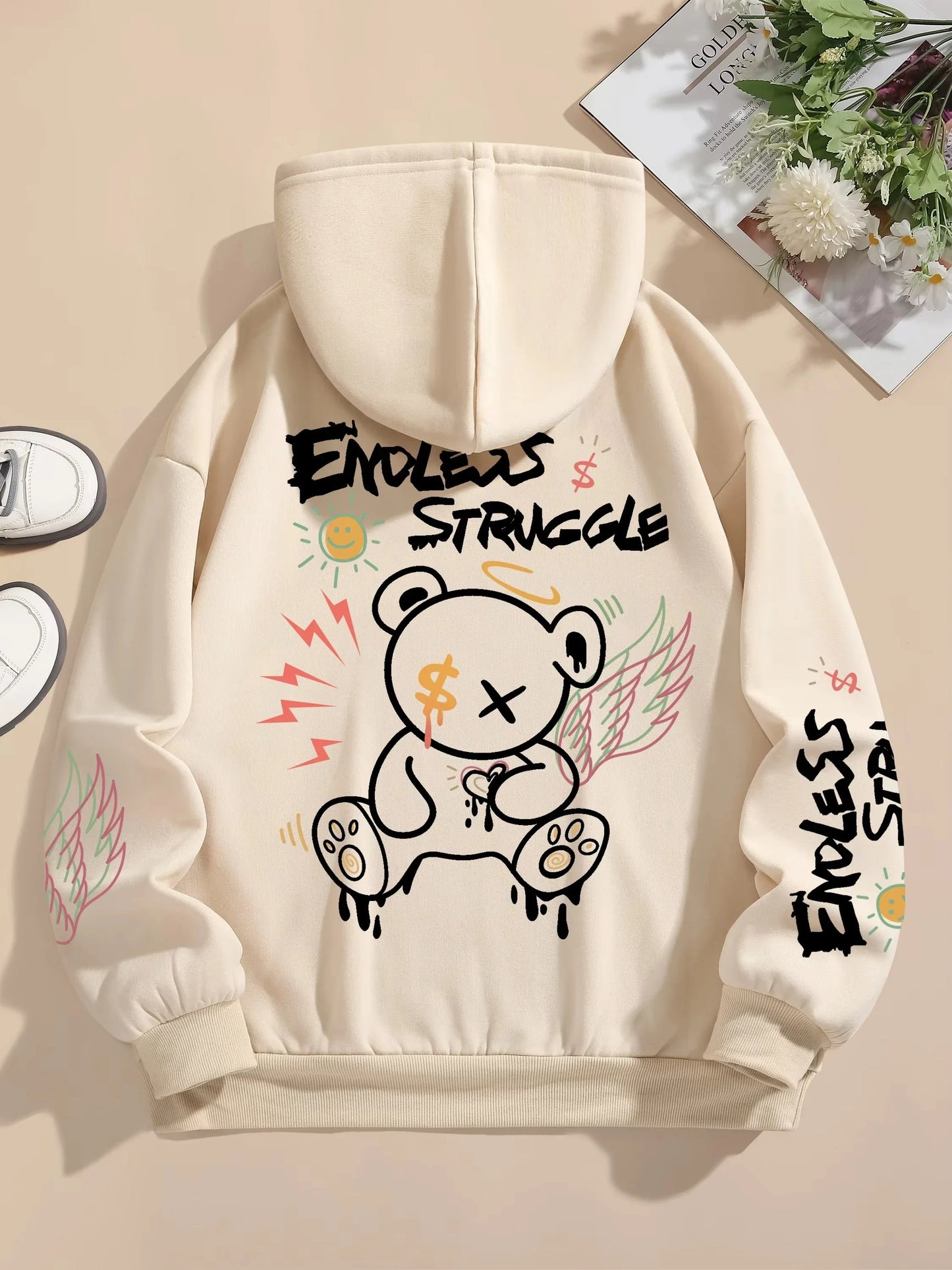 Endless Struggle Graffiti Bear Printed Pullover Sweatshirt Casual Hoodie for Women