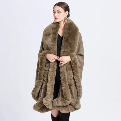 Rabbit Faux Fur Shawl Lady Cashmere Feel Wrap Autumn Winter Solid Color Cloak Classic Luxury Warm Overcoat for Women