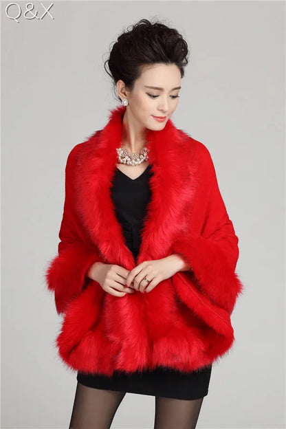 Long Bawting Sleeves Wedding Party Shawl Embossing Floral Poncho Cape Faux Fox Fur Neck Cloak Knitted Coat for Women