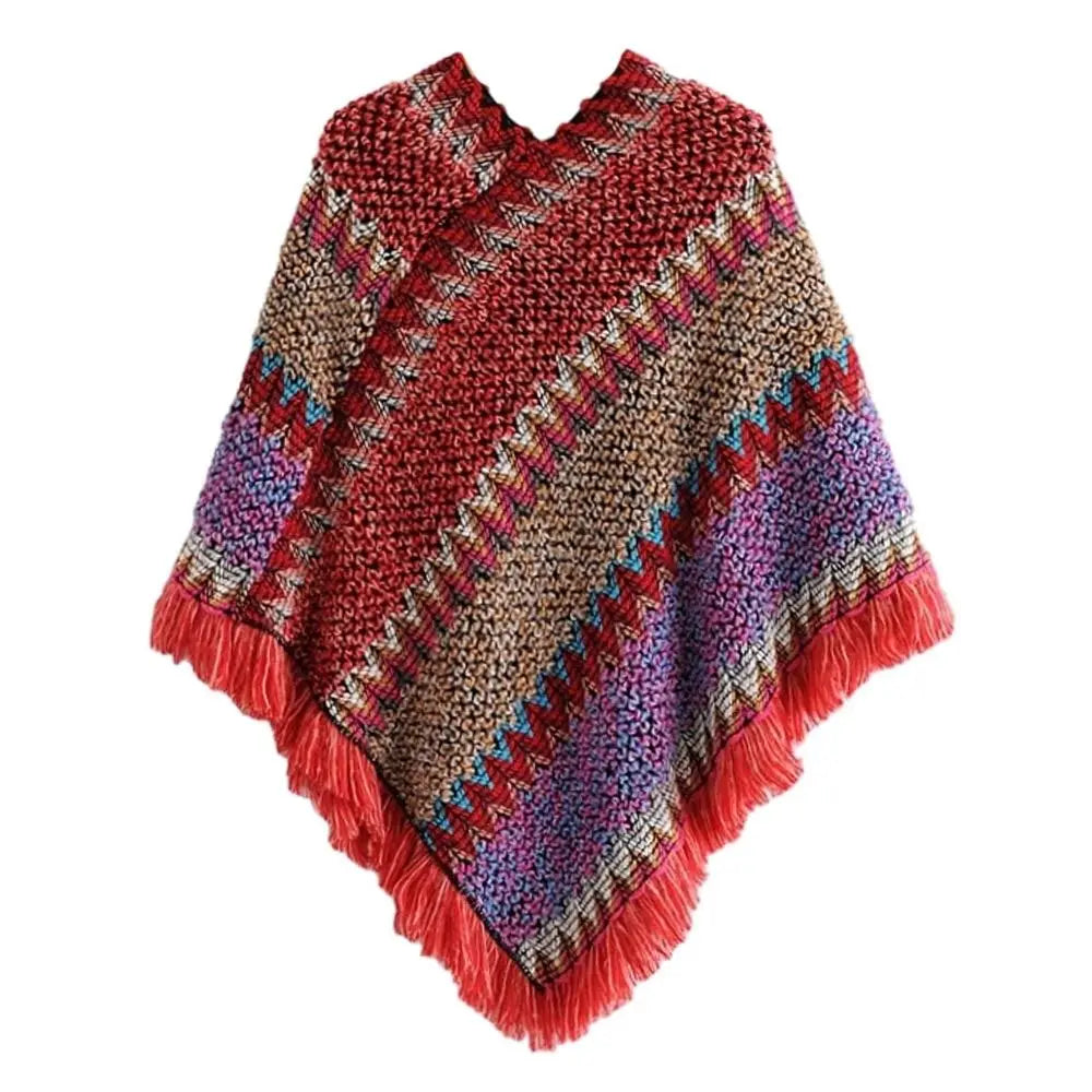 Coat Overlays Winter Warm Mongolian Poncho Ethnic Style Striped Knitting Wraps Polyester Pullover Tassel Shawl for Women