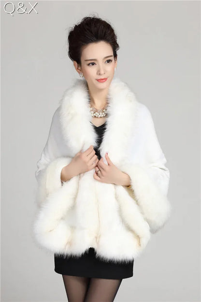 Long Bawting Sleeves Wedding Party Shawl Embossing Floral Poncho Cape Faux Fox Fur Neck Cloak Knitted Coat for Women