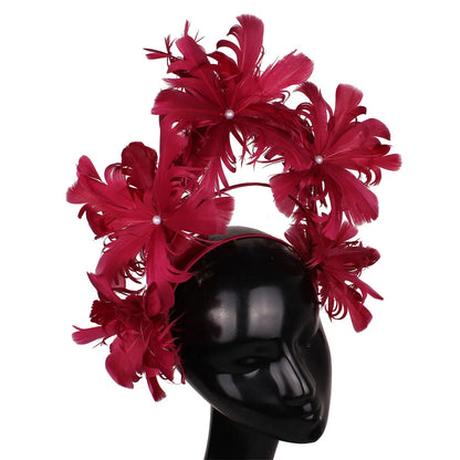 Vintage Feather Flower Top Hat – Green Hair Hoop with Pearls