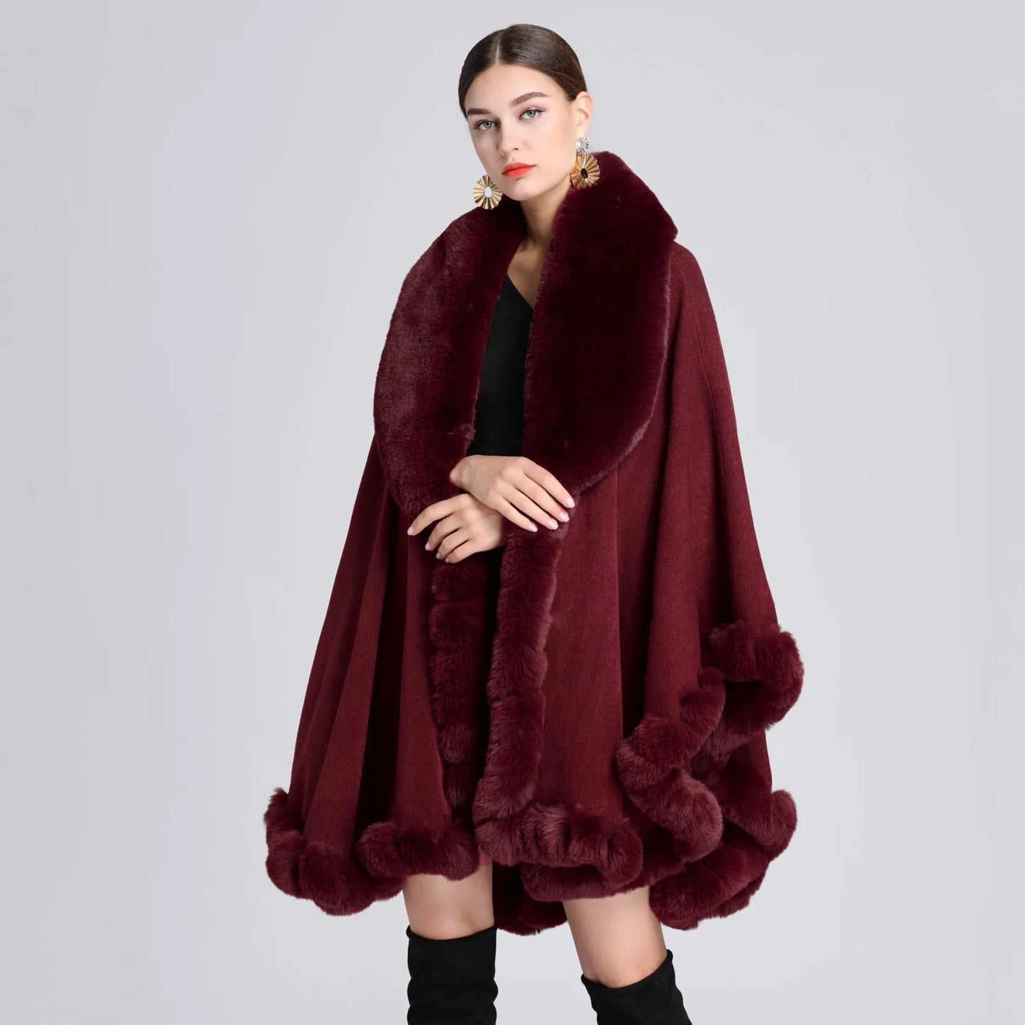 Rabbit Faux Fur Shawl Lady Cashmere Feel Wrap Autumn Winter Solid Color Cloak Classic Luxury Warm Overcoat for Women