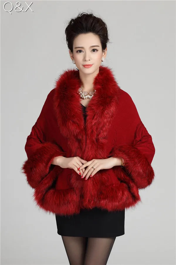 Long Bawting Sleeves Wedding Party Shawl Embossing Floral Poncho Cape Faux Fox Fur Neck Cloak Knitted Coat for Women