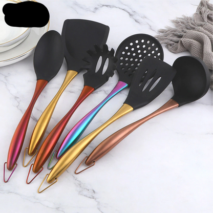 Gold Cooking Tool Set Silicone Head Kitchenware Stainless Steel Handle