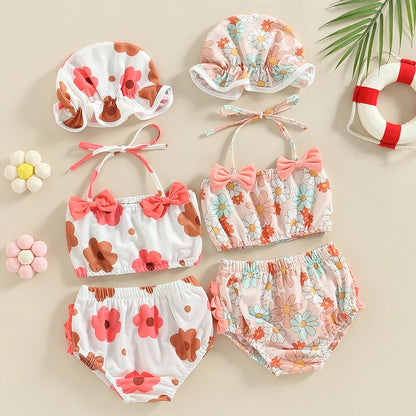 Baby Girls Three Piece Swimsuits Floral Print Halter with Cap