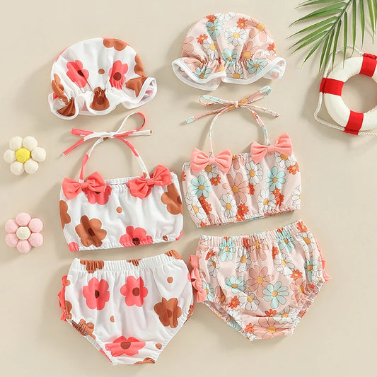 Baby Girls Three Piece Swimsuits Floral Print Halter with Cap