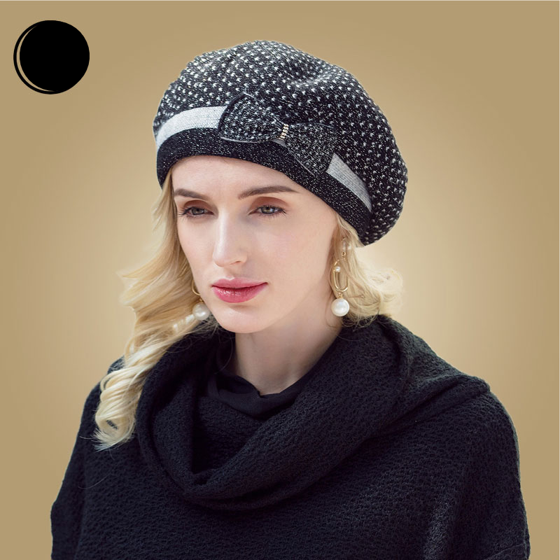 French Beret Hat For Women Warm Wool Hats Winter Beanie Caps Vintage Bowknot Black Beret Hats