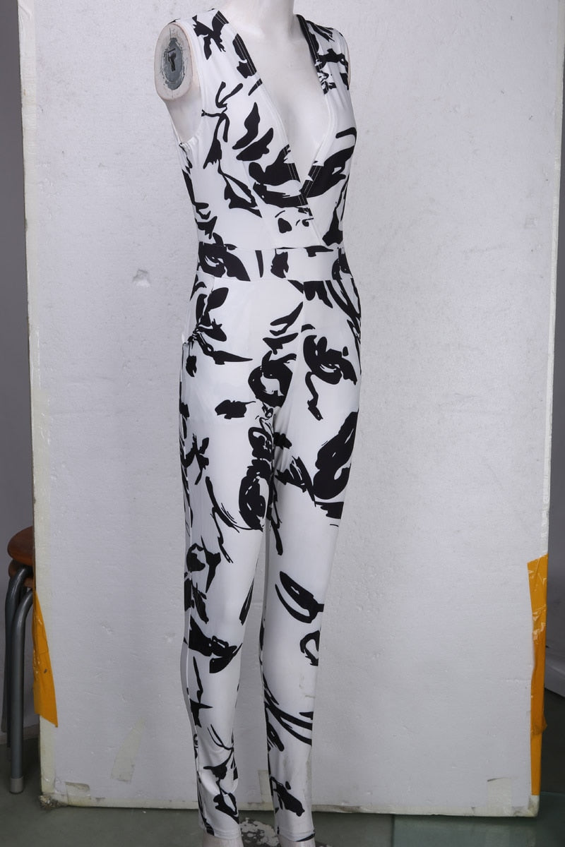 Sexy Strap V Neck Sleeveless Floral Print BJumpsuit