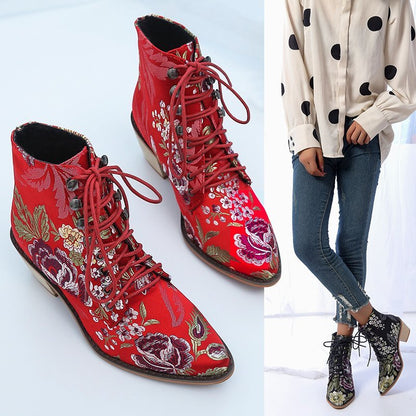 Retro Women Boots Embroider Ethnic Ankle Boots Lace Up Pointed Toe Flat Heel Shoes