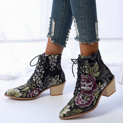 Retro Women Boots Embroider Ethnic Ankle Boots Lace Up Pointed Toe Flat Heel Shoes