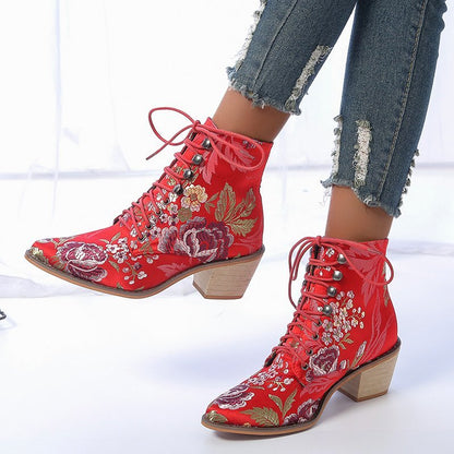 Retro Women Boots Embroider Ethnic Ankle Boots Lace Up Pointed Toe Flat Heel Shoes