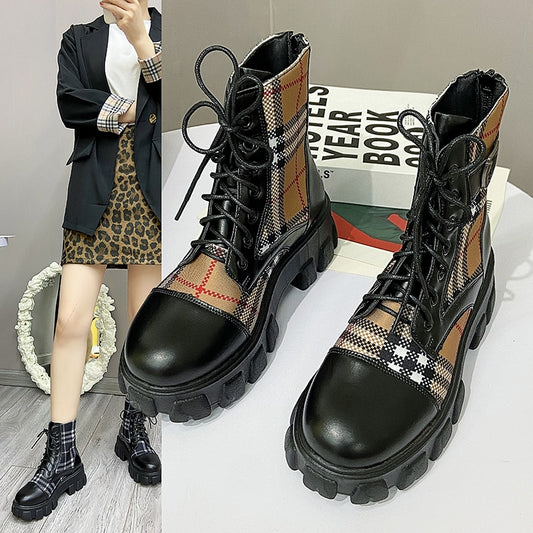 Motorcycle Boots Chunky Heels Casual Lacing Round Toe Platform Boots Shoes for Women